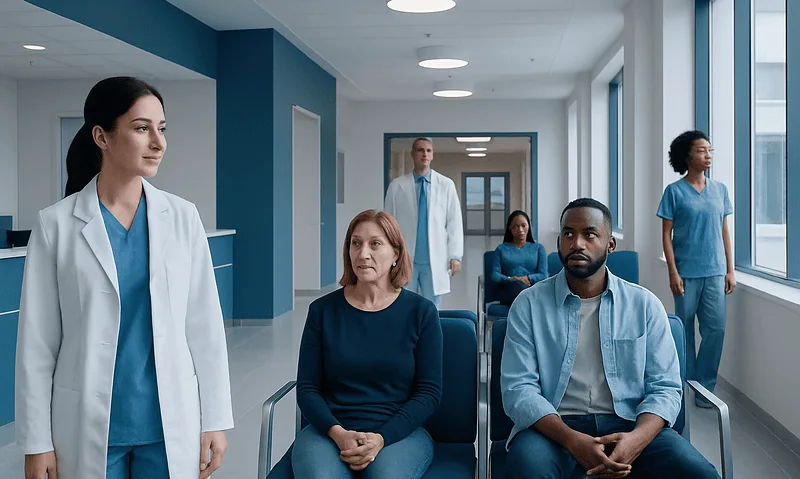 Medical professionals and patients in a hospital corridor at Acibadem Hospitals Group.