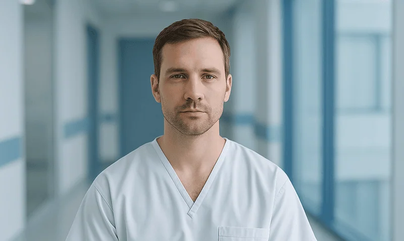 Male healthcare professional in white uniform in hospital corridor.