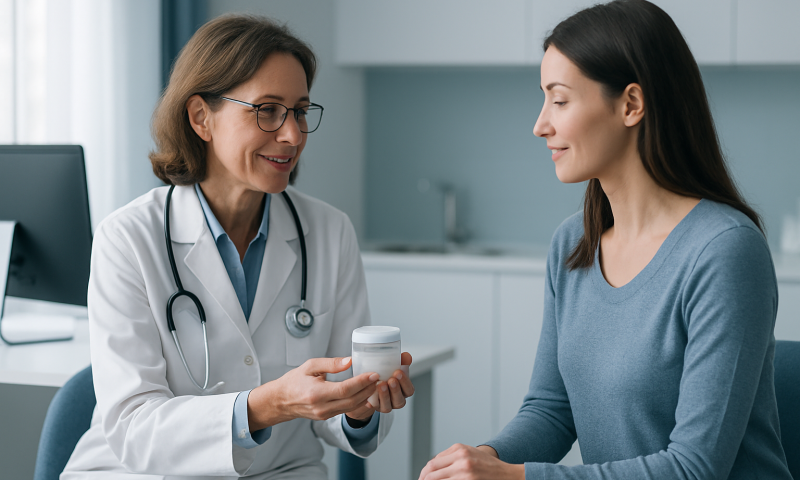 Doctor explaining hyaluronic acid supplement to patient in clinic setting.