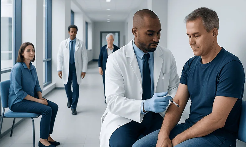 Doctor administering a hydrogel injection to a patient in a hospital corridor.