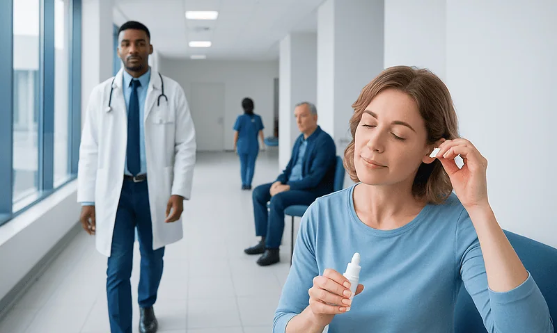 Woman applying ear drops in a hospital corridor with doctors and patients nearby.
