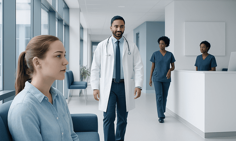 Doctor and nurses in a modern hospital corridor.