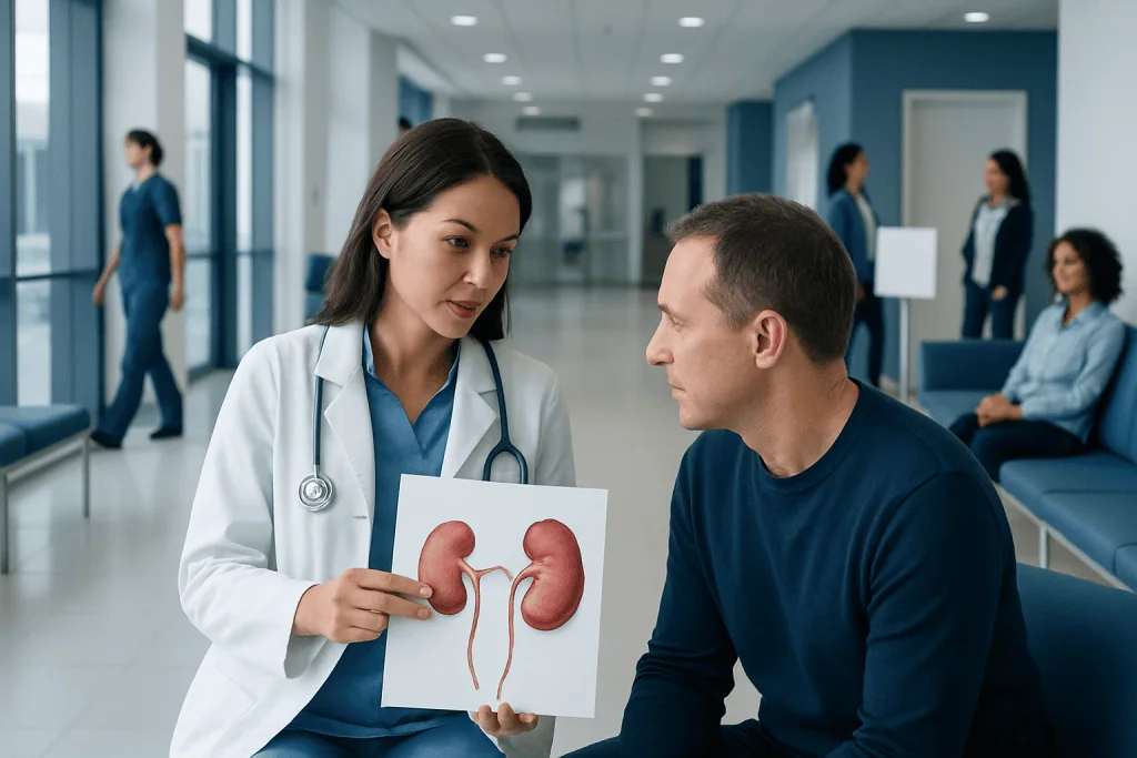 Hydronephrosis Kidney: Procedure, Recovery and Results 1 Doctor explaining kidney anatomy to patient in hospital corridor.