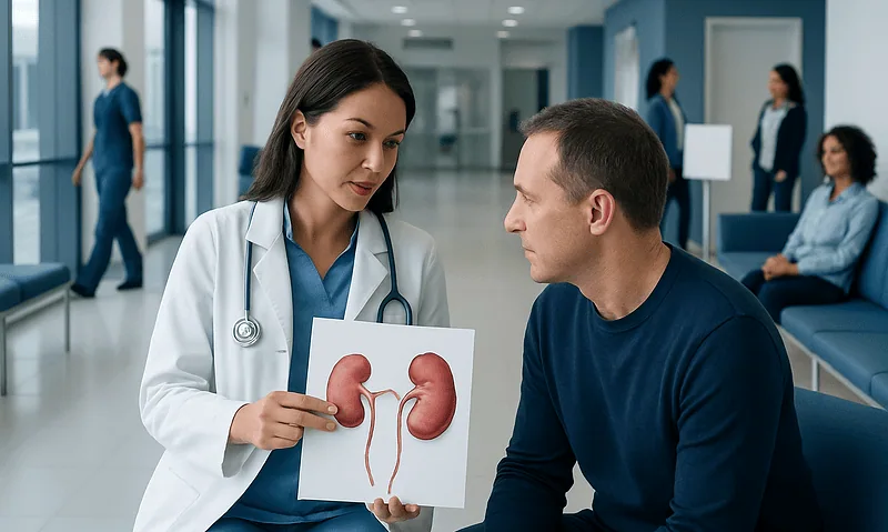 Doctor explaining kidney anatomy to patient in hospital corridor.