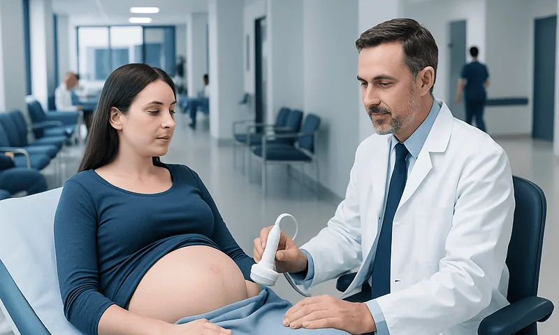 Doctor performs ultrasound on pregnant woman in hospital.