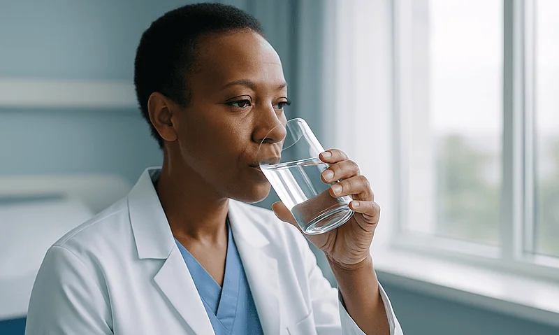 Medical professional drinking water in a clinical setting.