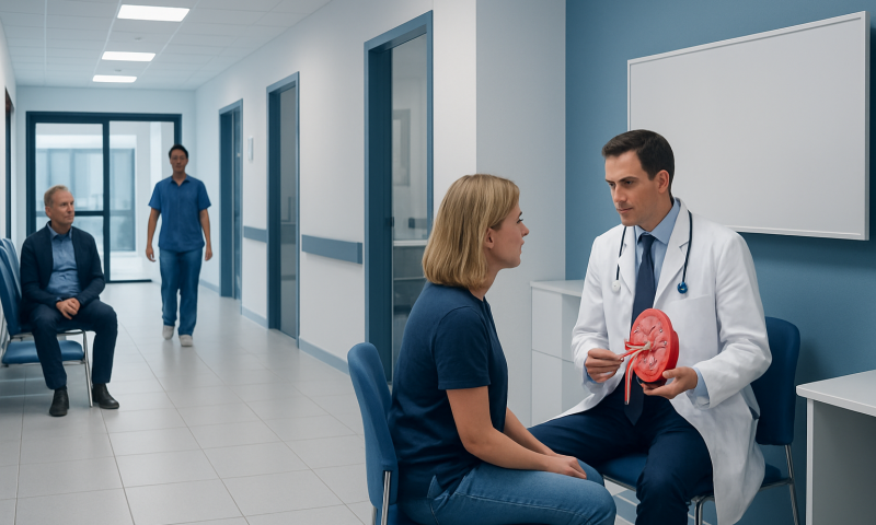 Doctor explaining a 3D model of a kidney to a patient in a hospital corridor.