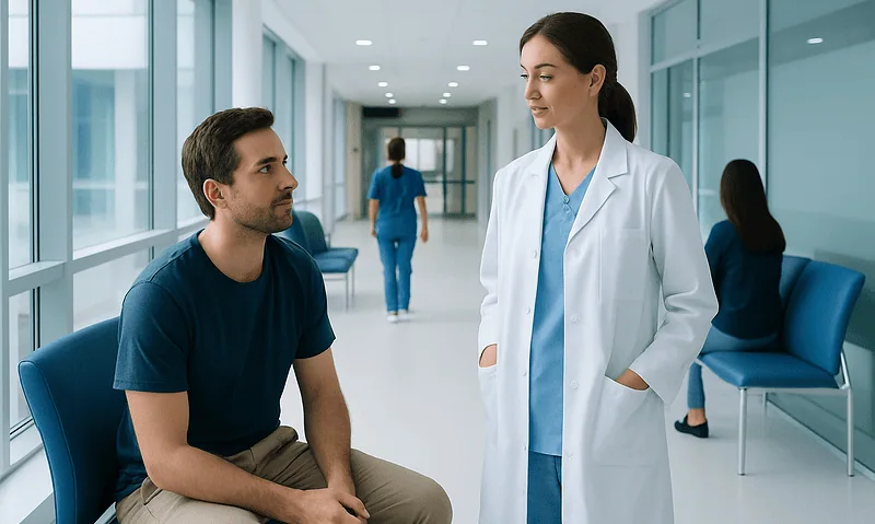 Doctor consulting a patient in a modern hospital corridor.