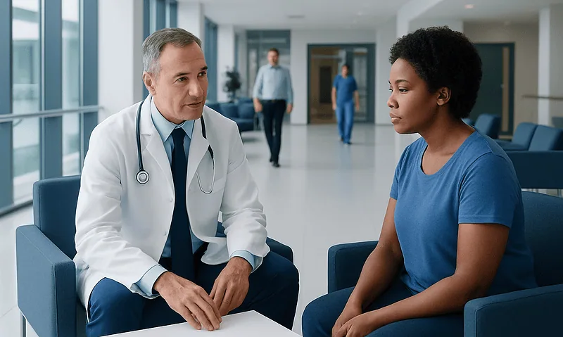 Doctor consulting with a patient in a hospital corridor.