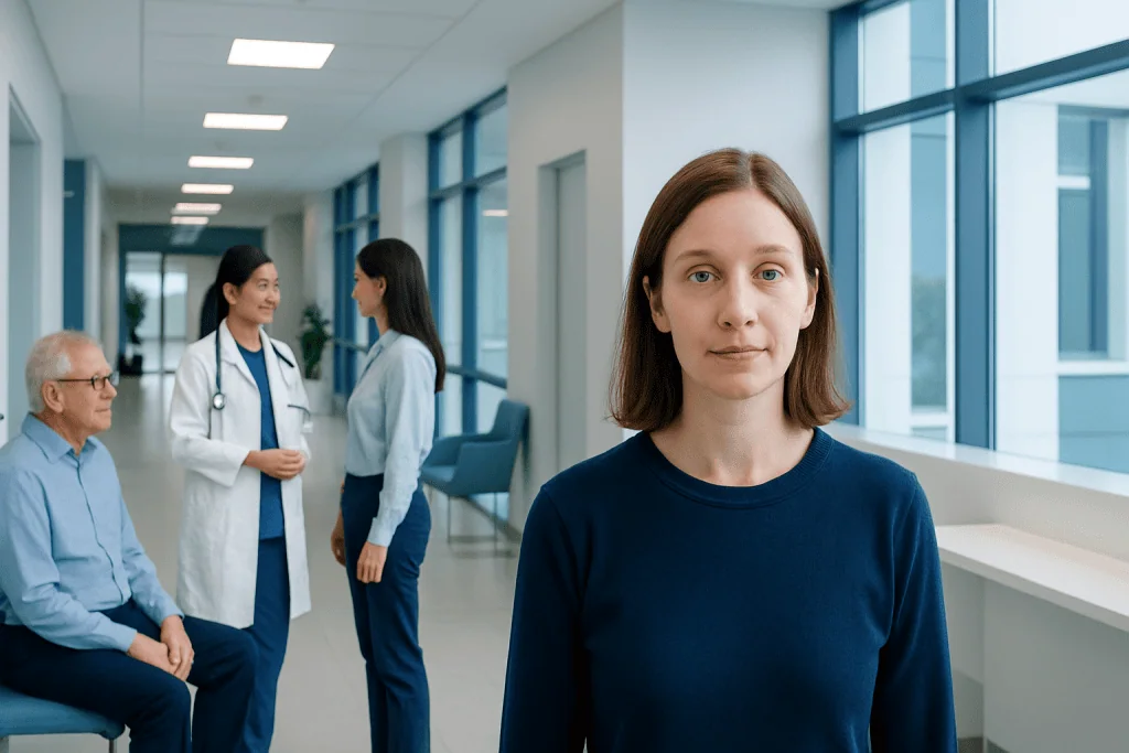 Hypertropia: What Patients Need to Know 1 Patient with hypertropia in a hospital corridor with medical staff.