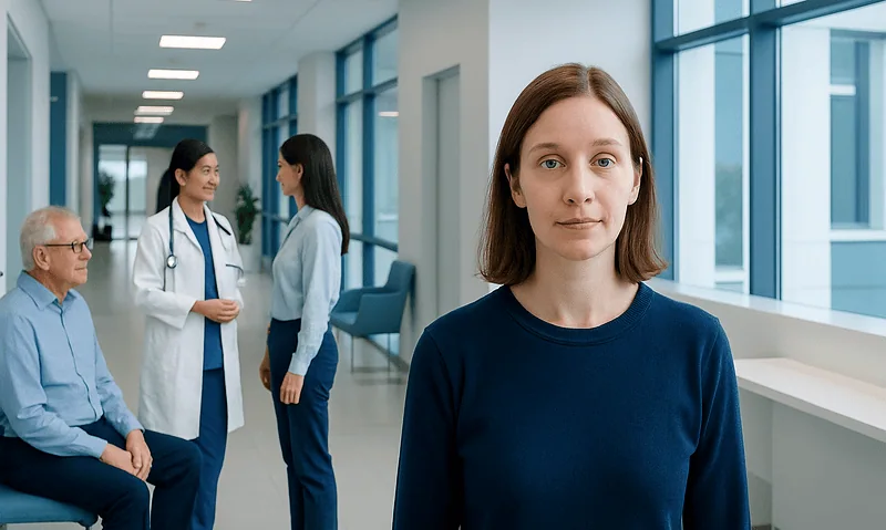 Patient with hypertropia in a hospital corridor with medical staff.