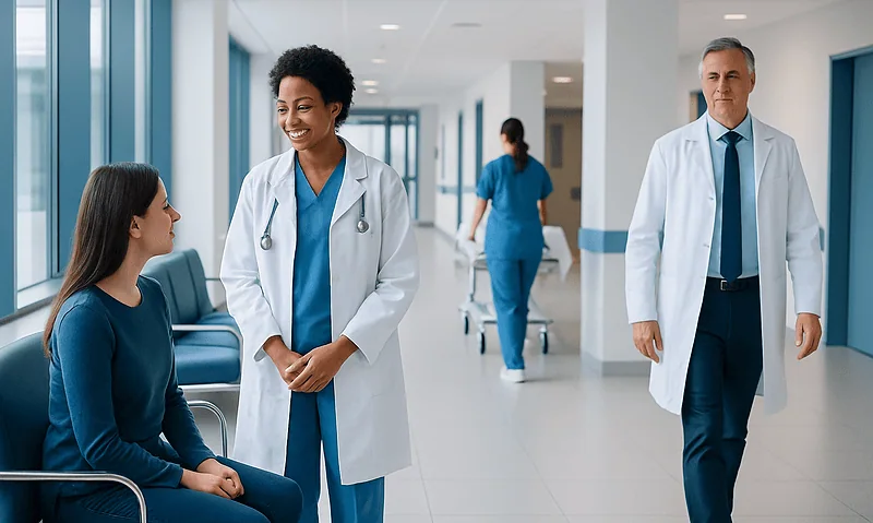 Hypocalcemia Treatment: How It Works, Results and What to Expect 5 Healthcare professionals consulting with a patient in a hospital corridor.