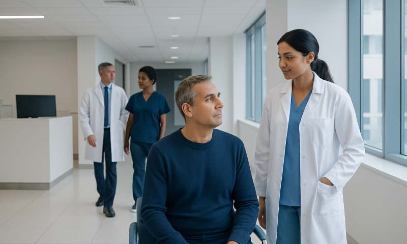 Doctor consulting with a male patient in a hospital corridor.