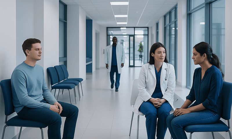 Patients in a hospital waiting area with medical staff consulting.