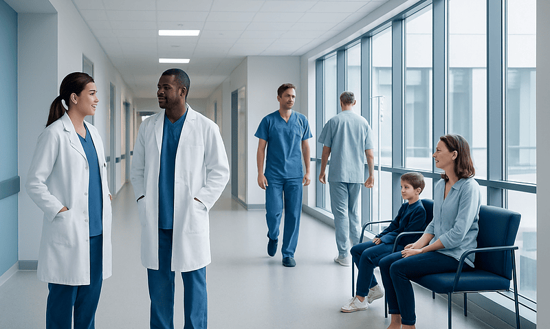 Medical team and patients in a modern hospital corridor.