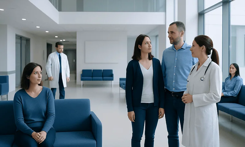 Medical consultation at a modern hospital with doctors and patients.