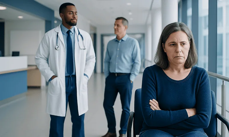 Patient waiting in hospital corridor with medical staff nearby.