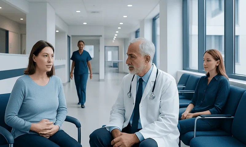 Doctor consulting with female patient in hospital corridor.