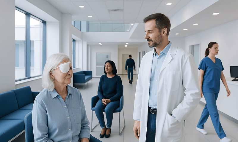 Ophthalmologist consulting elderly patient with eye patch in hospital corridor.