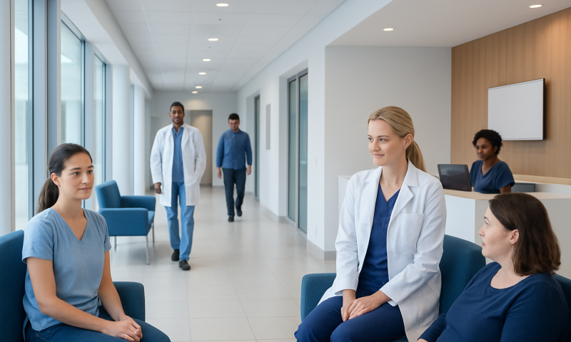 Medical consultation in a modern hospital corridor with healthcare professionals and patients.