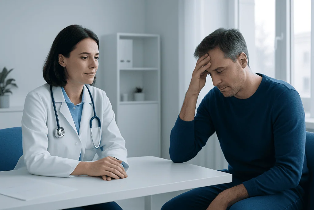 Doctor consulting with a patient showing signs of dehydration or illness.