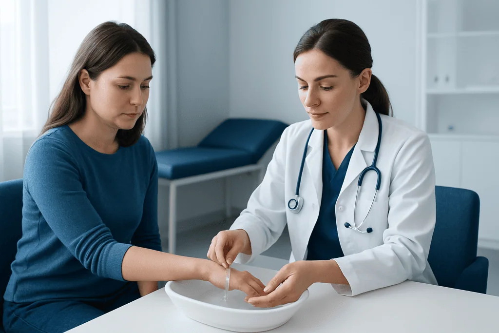 Doctor treating a patient with a hand wash in a clinical setting.