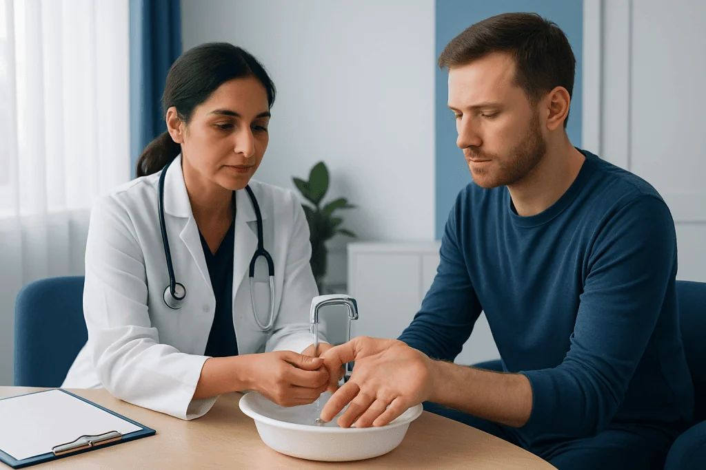 Doctor examining patient's hand for burn blisters at clinic.