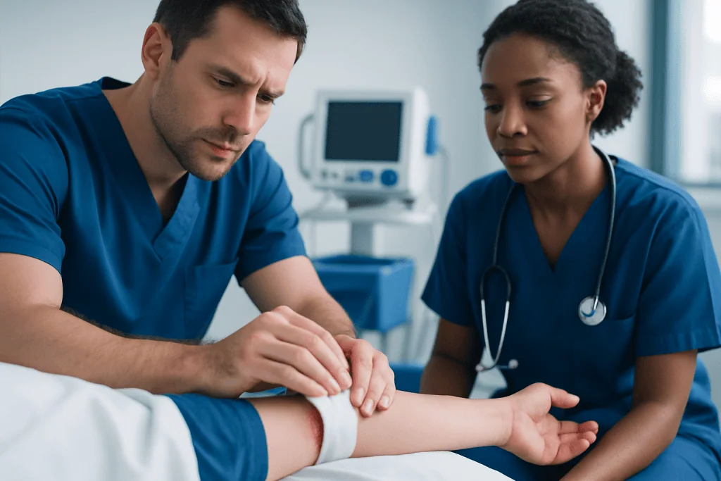 Medical professionals examining a patient's arm in a hospital setting.