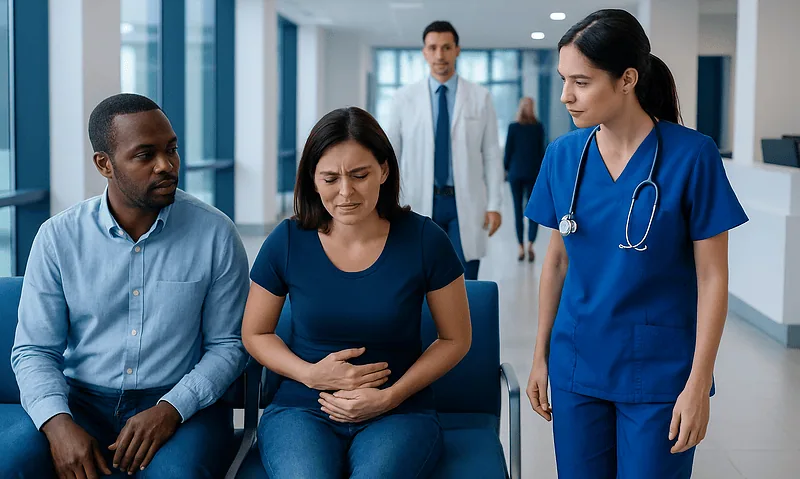 How to Stop Lactose Intolerance Pain Immediately? Here Is What the Evidence Says 4 Patient experiencing abdominal pain in a hospital waiting area with medical staff nearby.