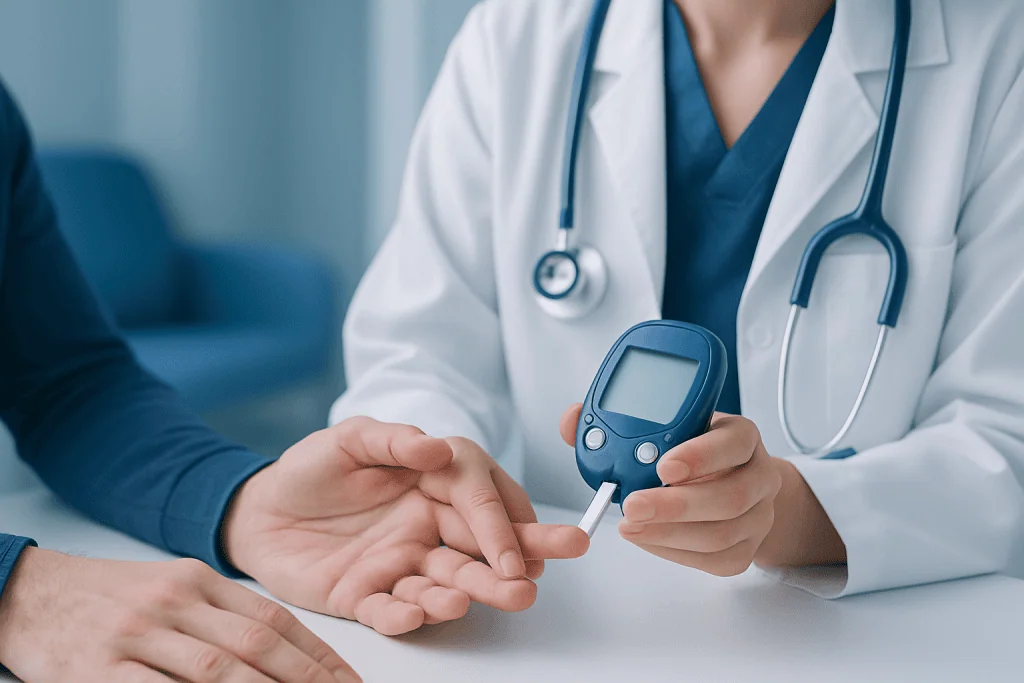 Doctor checking blood sugar levels with a glucometer at clinic.