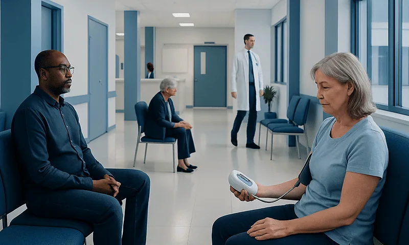 Medical consultation in hospital waiting area with blood pressure monitor.