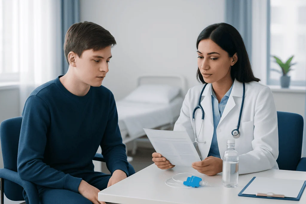 Doctor consulting with a young male patient in a hospital setting.