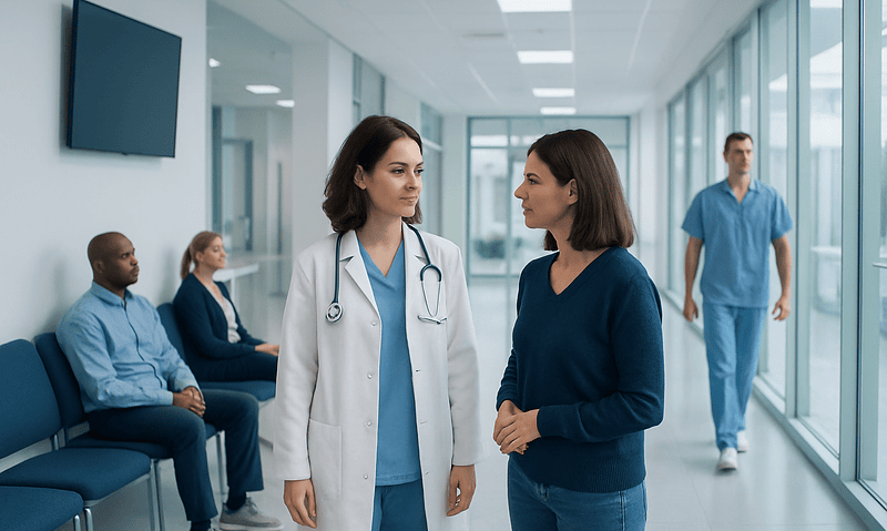 Healthcare professionals discussing patient care in a modern hospital corridor.
