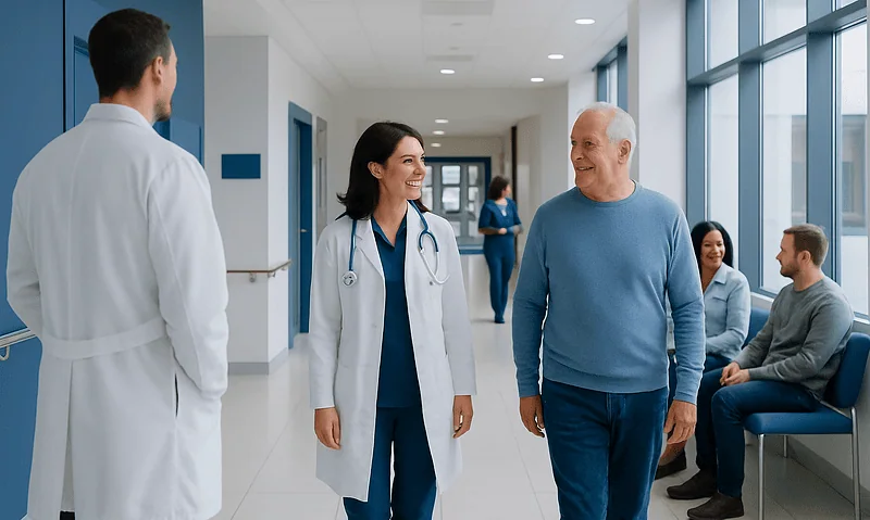 Healthcare professionals and patients in a modern hospital corridor.