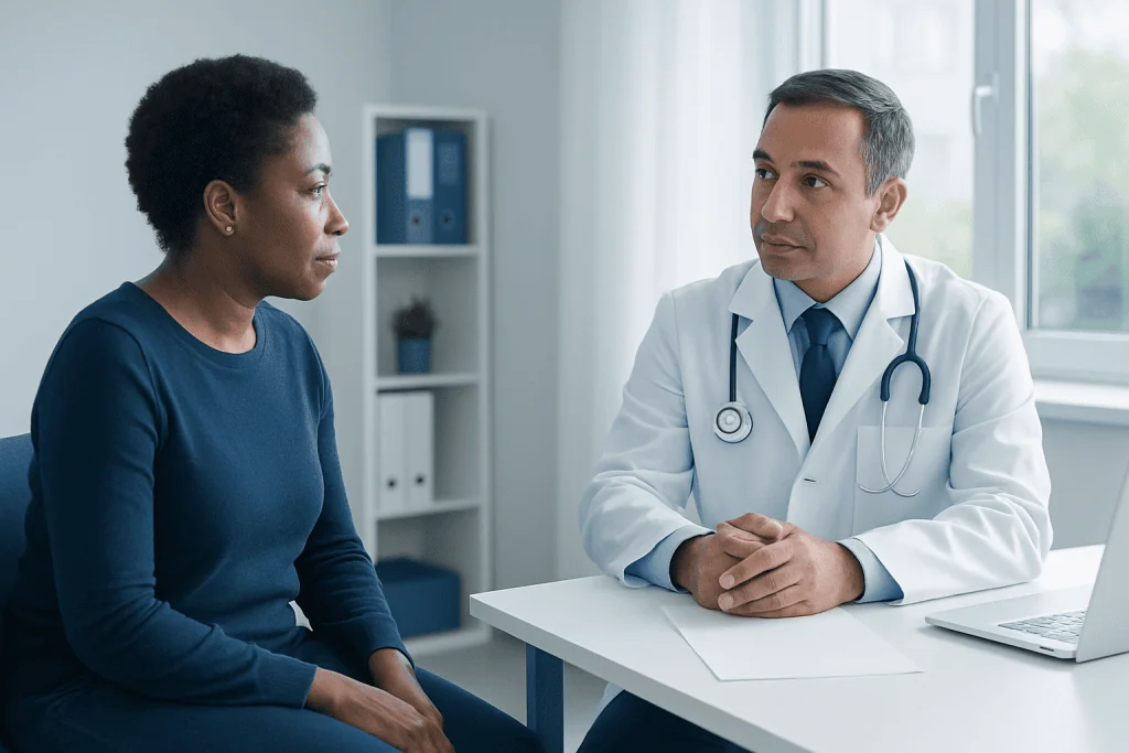 Doctor consulting with a female patient in a modern clinic setting.