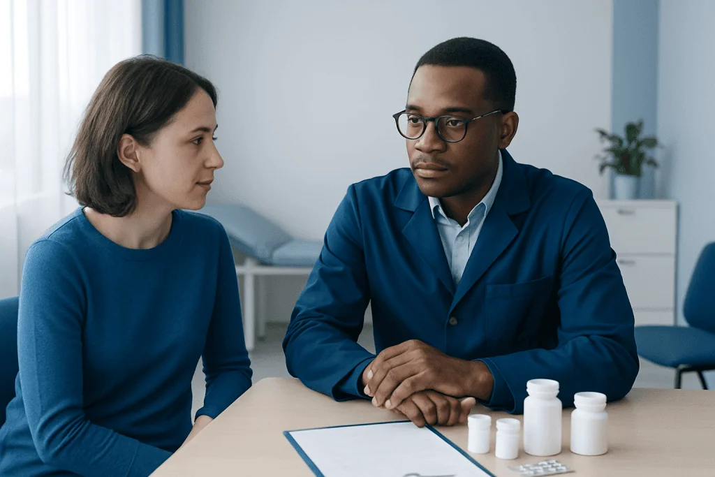 Doctor consulting with a patient about medication interactions in a clinical setting.