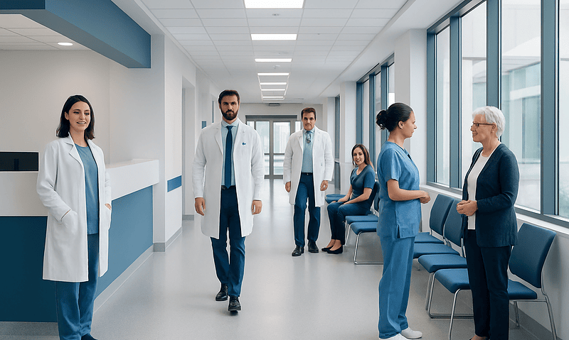 Medical team in hospital corridor with patients and staff engaging.