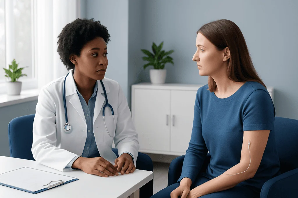 Doctor consulting with patient about PICC line and central venous catheter.