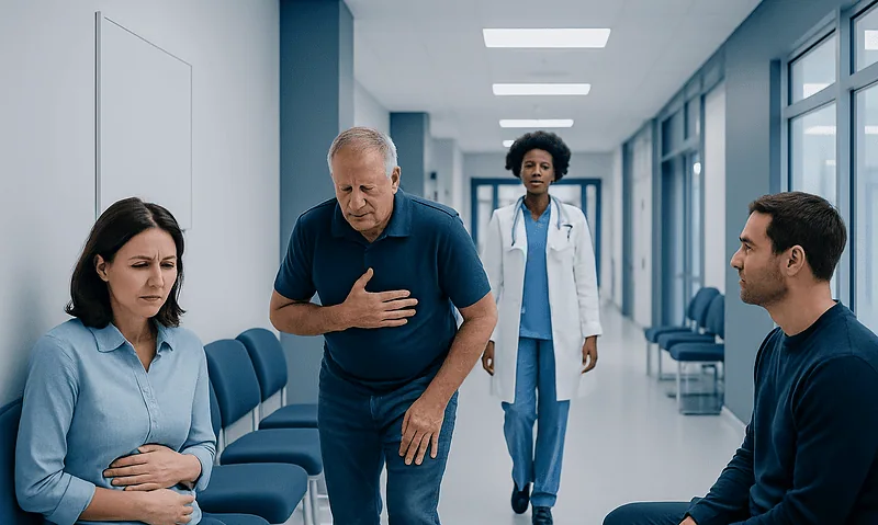 Patient experiencing chest discomfort during medical consultation at hospital.