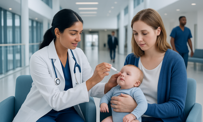Pediatrician examining a baby in a hospital corridor.