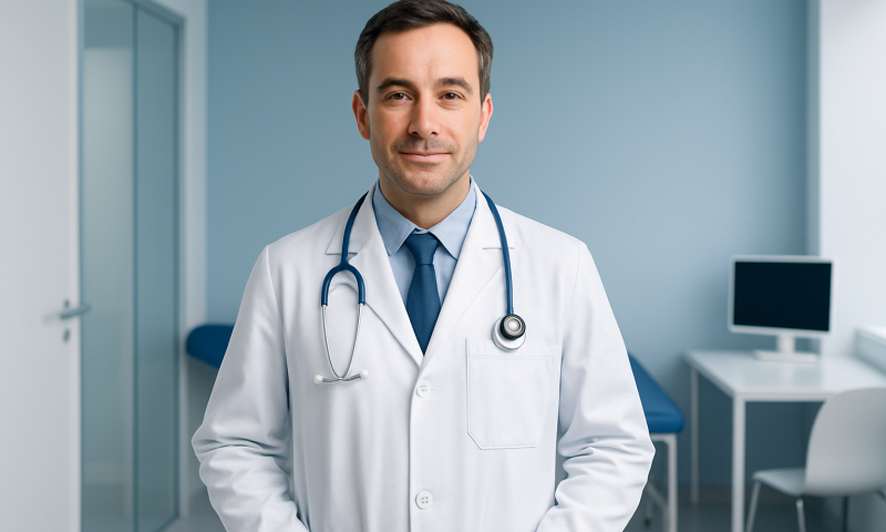 Medical doctor in white coat with stethoscope in clinic.