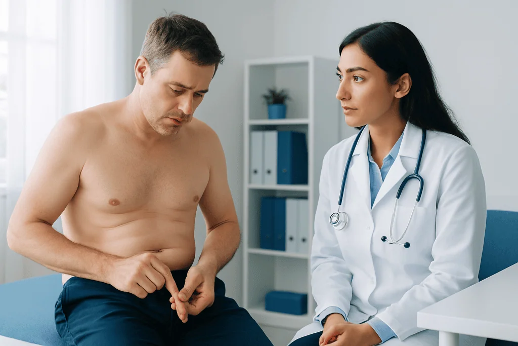 Doctor consulting male patient about skin issues in a clinic setting.