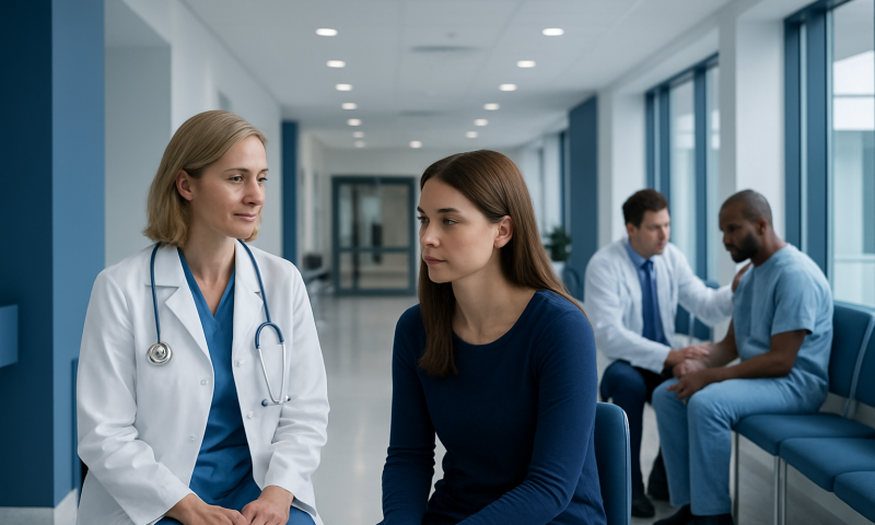 Inflammation Treatment: How It Works, Results and What to Expect 3 Doctor consulting a patient in a hospital corridor with other medical staff in the background.