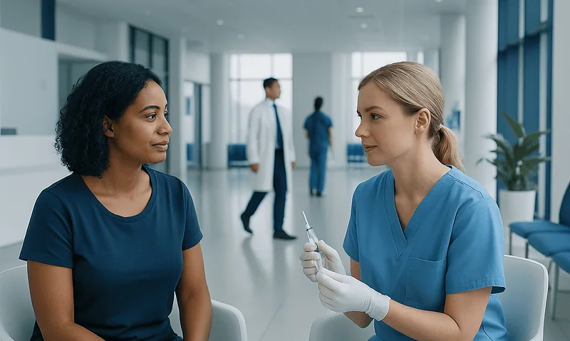 Healthcare professional discussing contraceptive options with patient in clinic.
