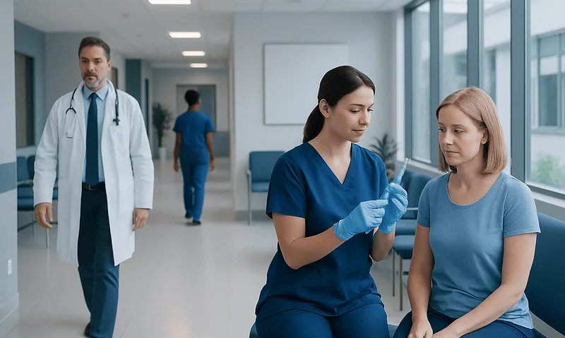 Nurse prepares a vaccine for a patient in a hospital corridor.