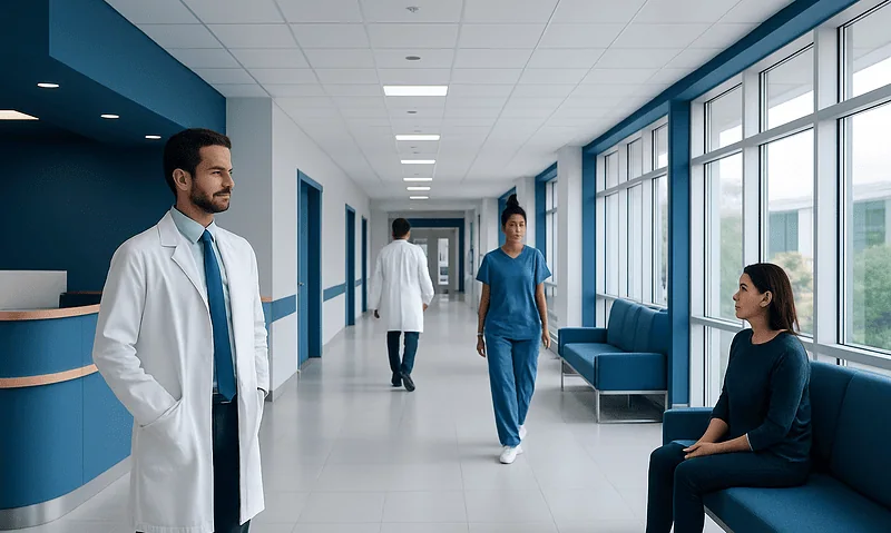 Healthcare professionals and patient in hospital corridor at Acibadem Hospitals Group.