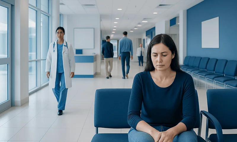 Woman waiting in hospital corridor with healthcare staff in background.