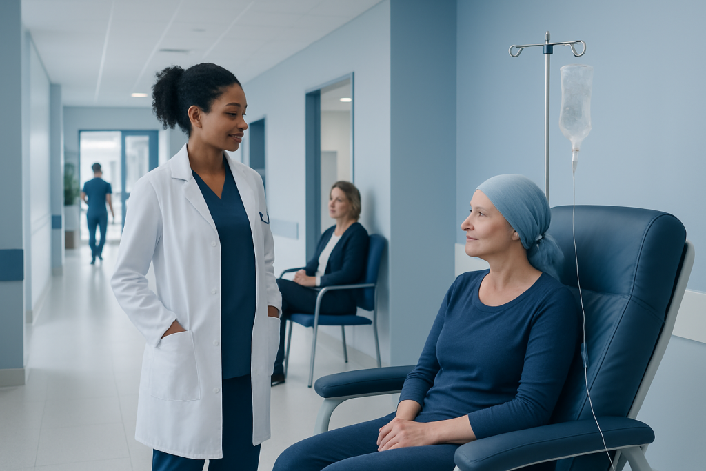 Inspirational Quotes for Chemotherapy Patients: How It Works, Results and What to Expect 1 Oncologist talking to a patient receiving chemotherapy in hospital.
