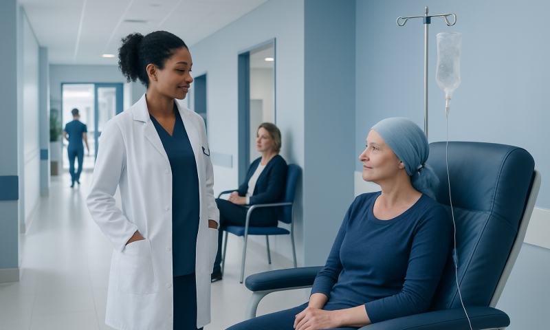 Oncologist talking to a patient receiving chemotherapy in hospital.