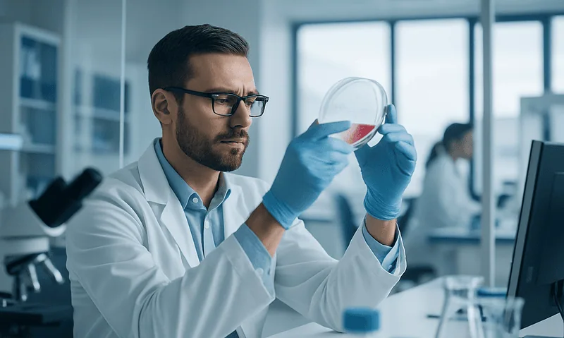 Scientist examining a petri dish in a modern laboratory setting.